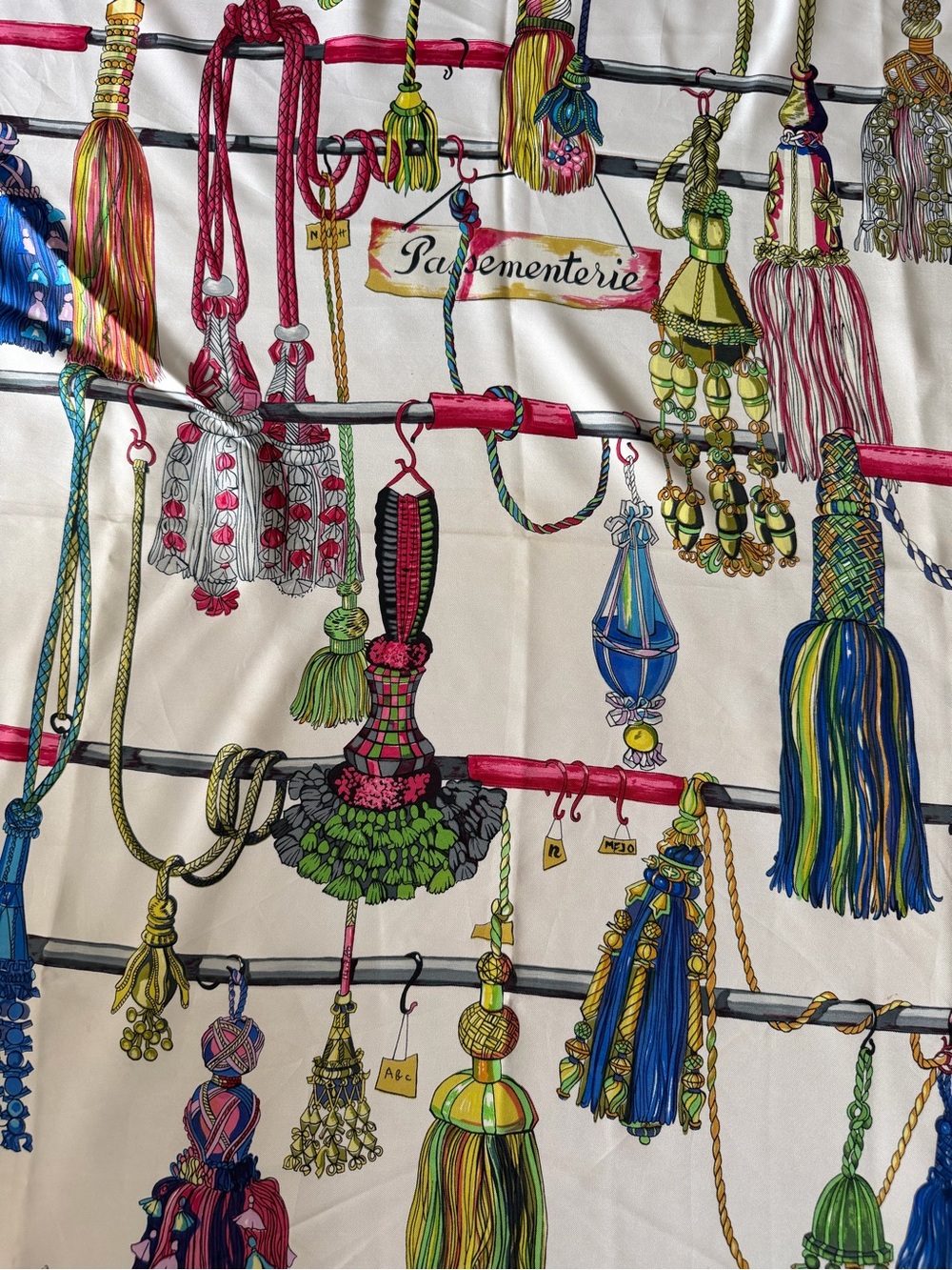 Hermes Passementerie Silk Scarf with Tassel Motif in Cream & Fuchsia.